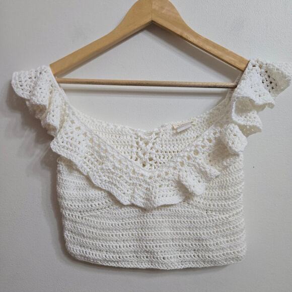 Women Crochet Off-Shoulder Crop Top M/L Cream Ruffle Corset Cottage Boho Peasant - Picture 1 of 8